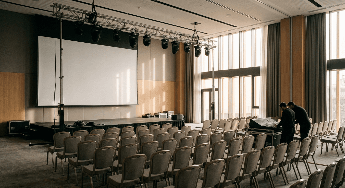 An empty conference hall in Tbilisi on the morning of an event, theatre seating, stage with screen, lighting rig being set