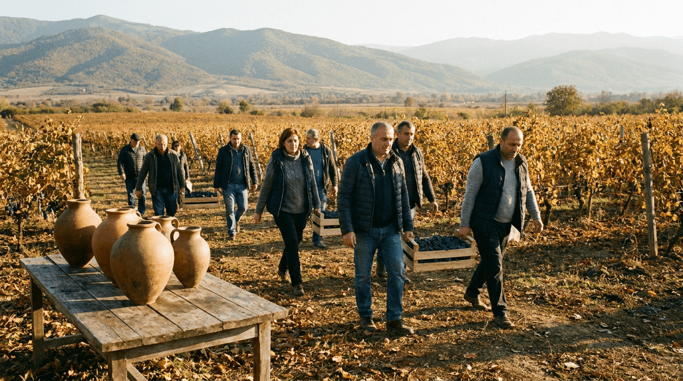 Grape harvest in a Kakheti vineyard, a team carrying crates between the vine rows