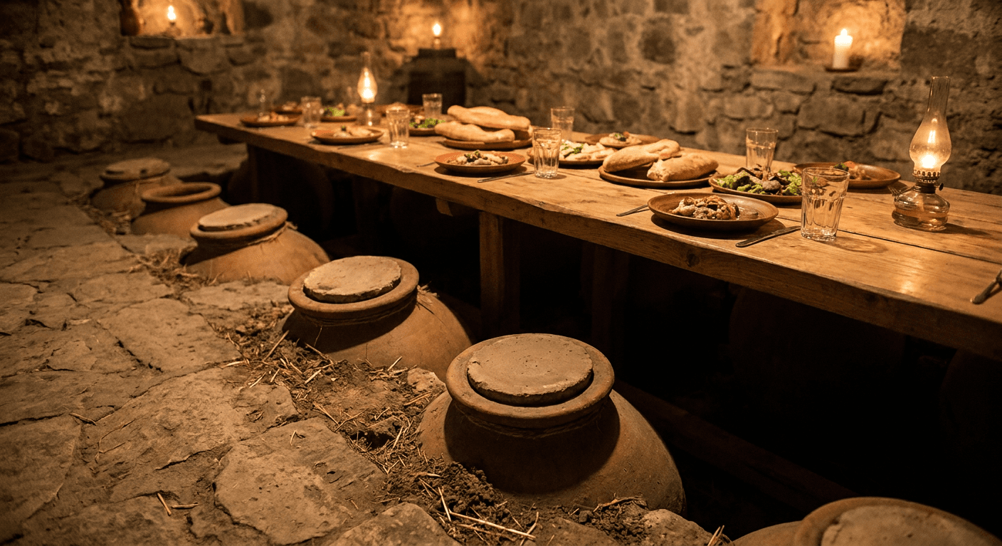 A long wooden table set for a group dinner in a Kakheti wine cellar