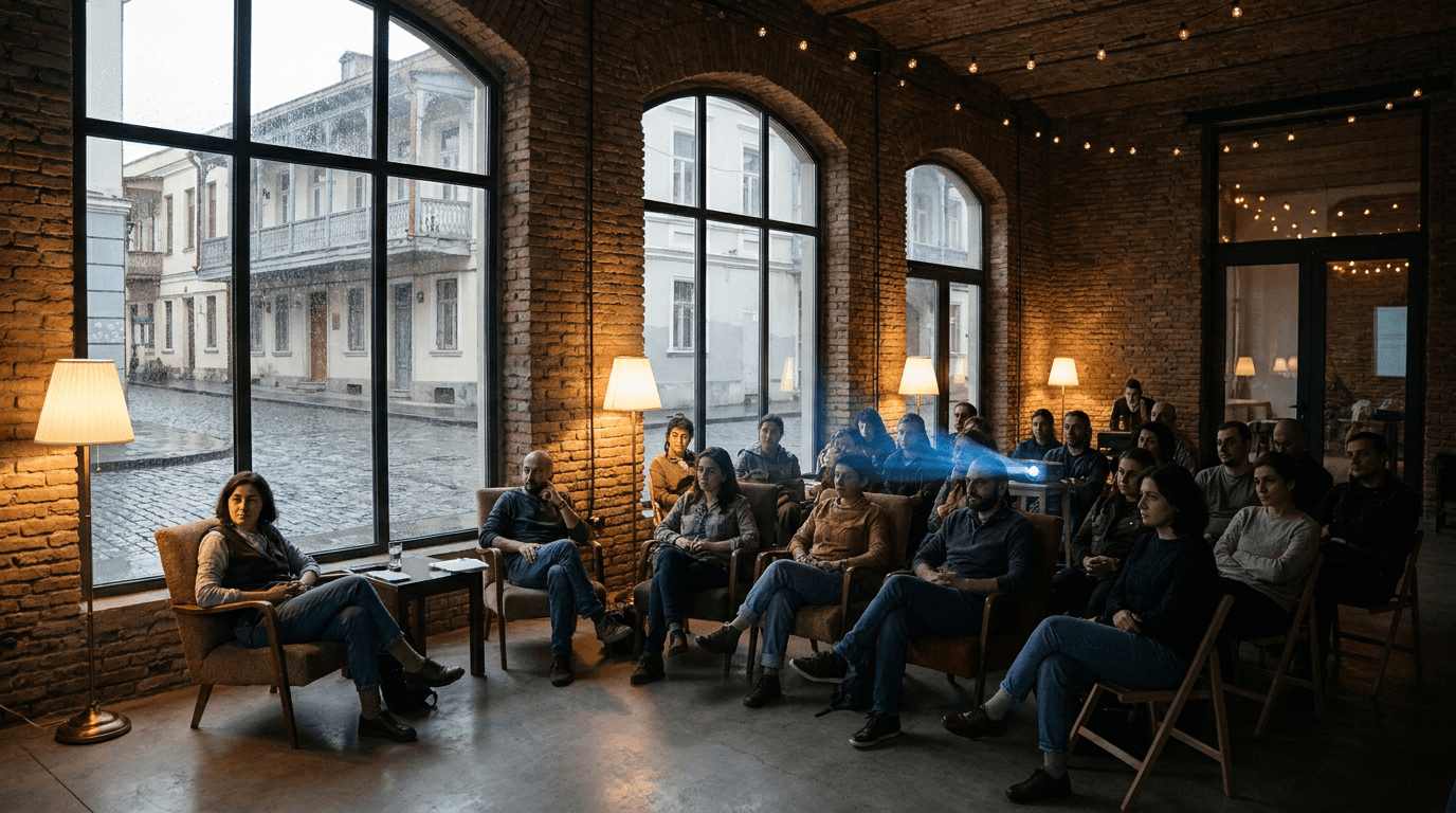 A loft in old Tbilisi in spring, a group seated in a semicircle for a working session with rain outside the windows