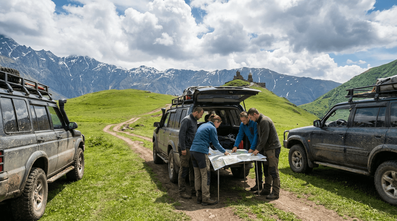 A convoy of off road vehicles on an alpine meadow near Kazbegi, the group reading a map at an open tailgate