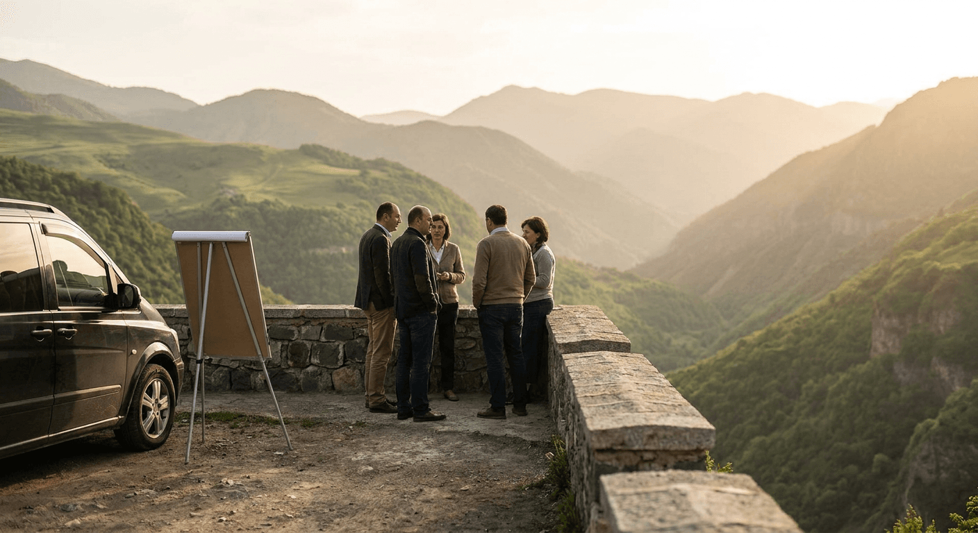 A corporate group at a stone terrace viewpoint in the Caucasus mountains of Georgia at golden hour